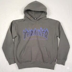 Thrasher Magazine Flame Logo Hoodie Charcoal Grey Purple Blue Mens Medium